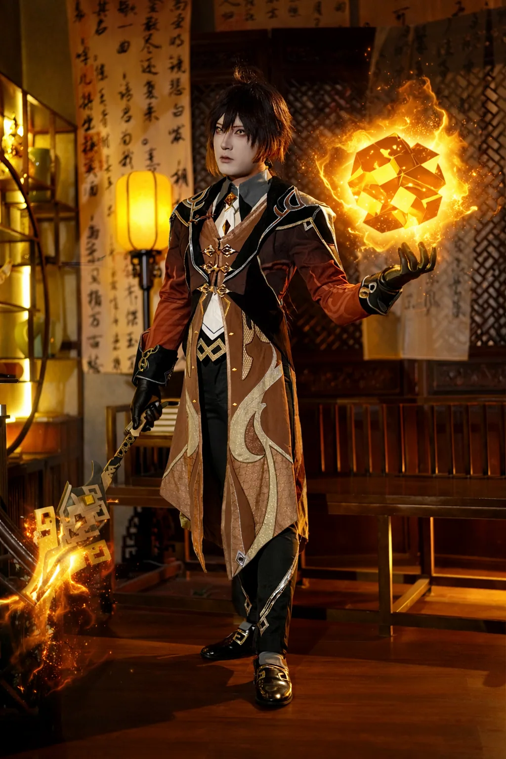 带有岩元素特效的钟离 Cosplay 全身照